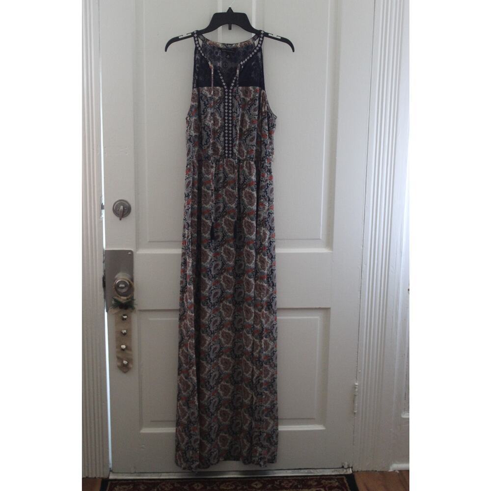 Signature Studio Maxi Dress Blue Crochet Neckline Boho Print Women Medium